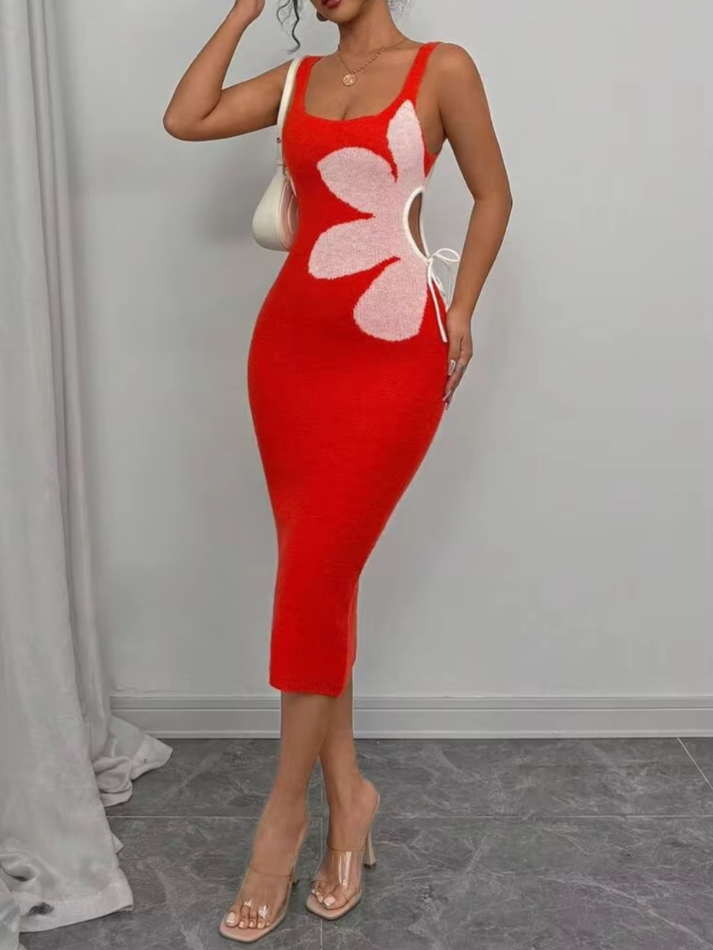 Viral Red Orange Knit Flowers Cut Out Midi Bodycon Sweater Dress